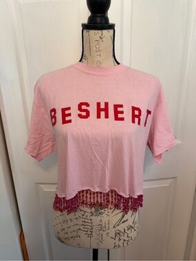 Susan Alexandra Pink 'BESHERT' Cropped Tee with Pink Beaded Fringe M